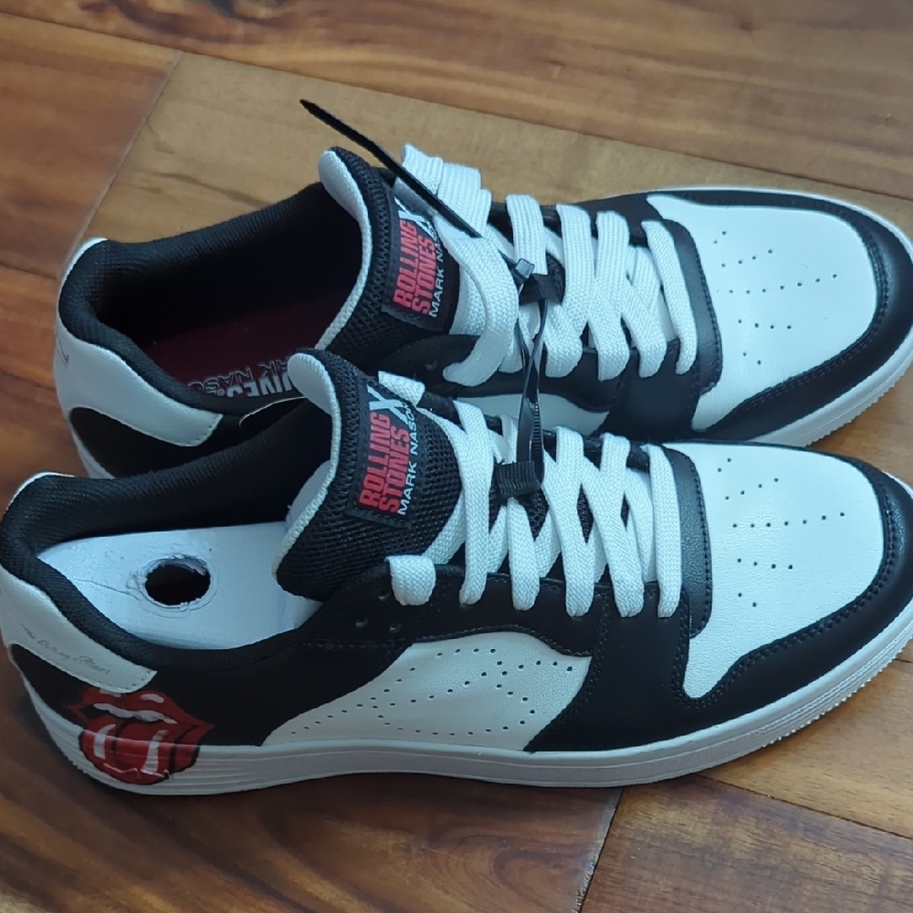 Skechers Black & White Low-Top Sneakers with Red Logo Accent